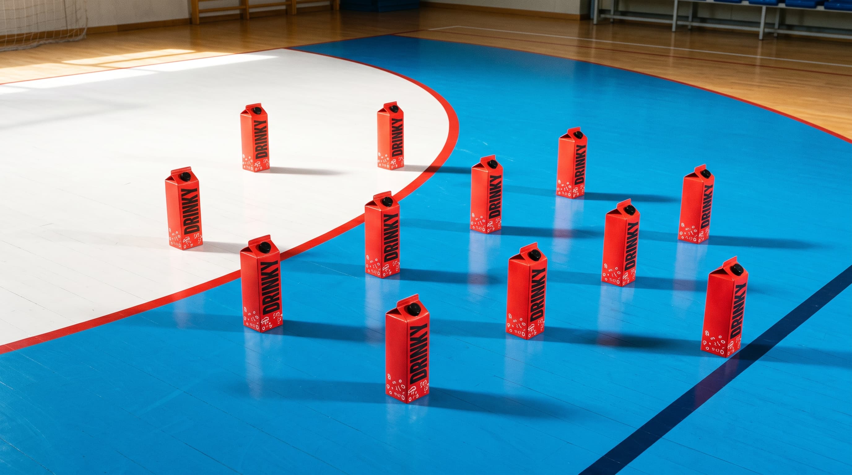 Red DRINKY cartons standing in a football formation on a blue and white futsal court