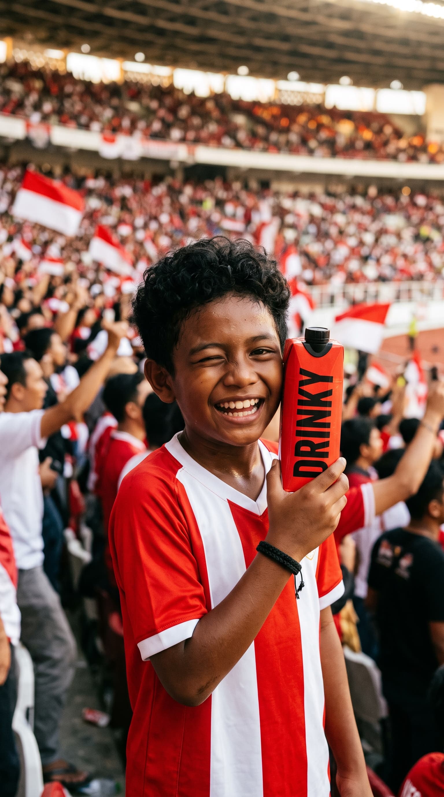 A young fan in a red and white jersey winking and holding a DRINKY carton in a packed stadium