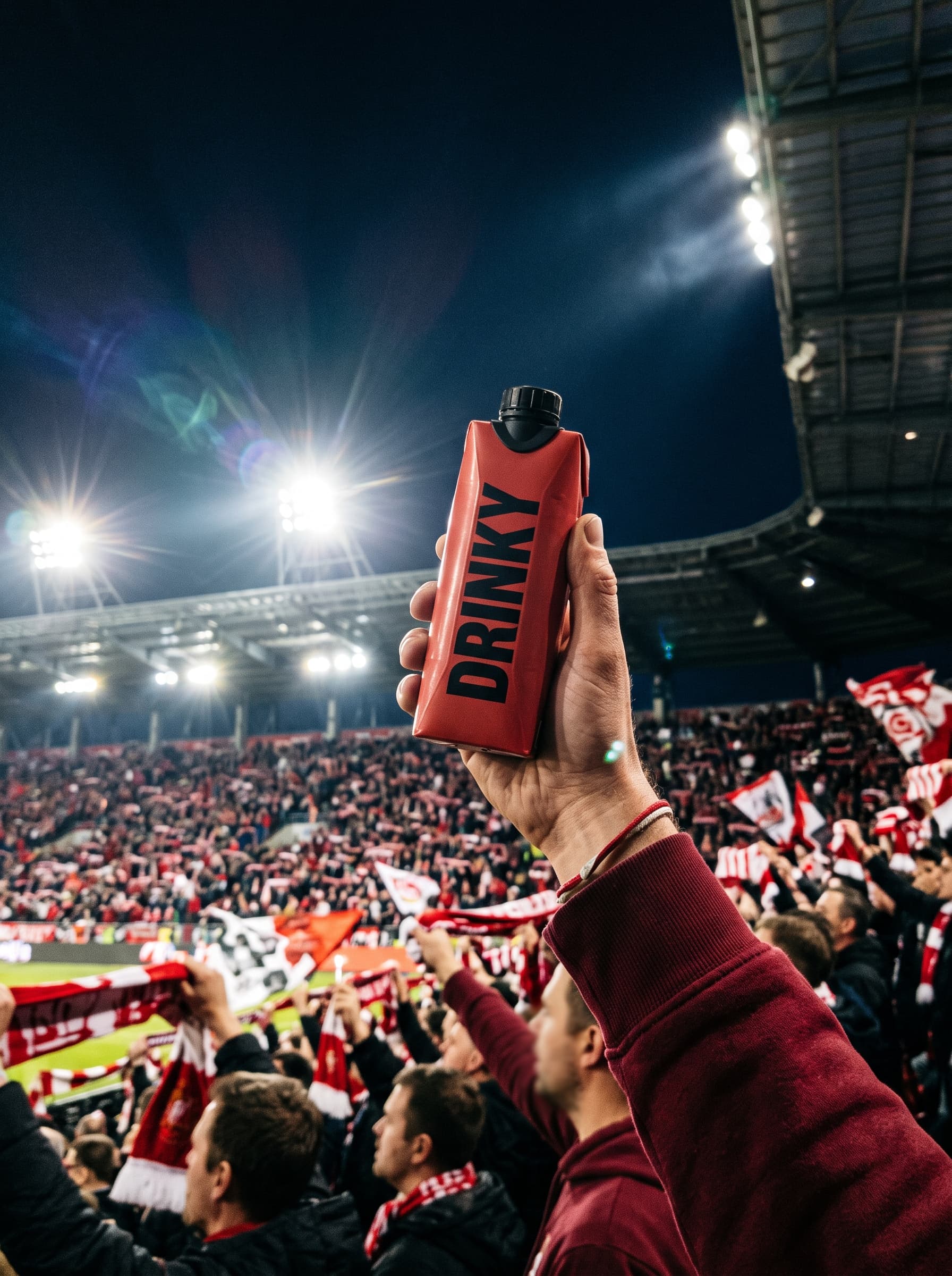 A hand raising a DRINKY carton toward the stadium floodlights at night